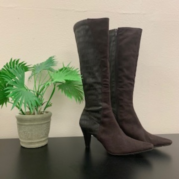 Shoes - Chocolate Suede/Reptile Knee Length Boots (NWOT)
